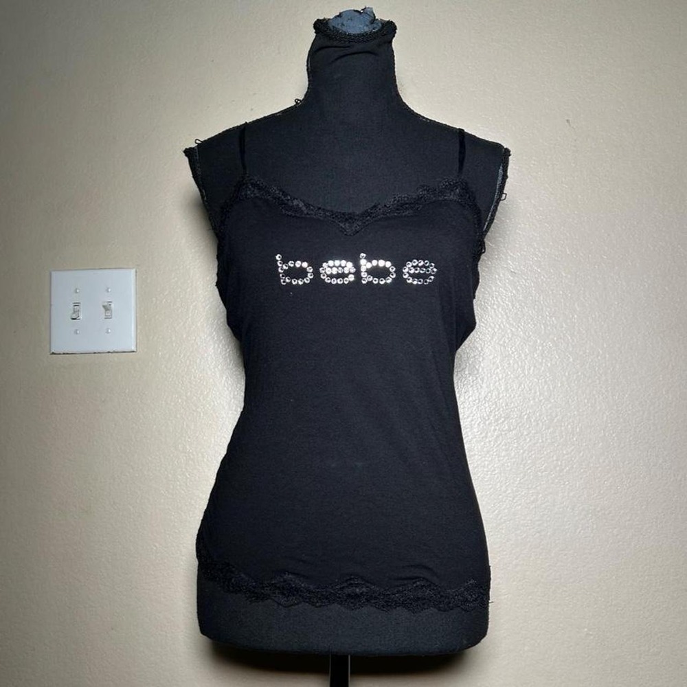 Bebe Vintage Black Rhinestone Babes Lace Trim Cami Tank Top Y2K Large USA